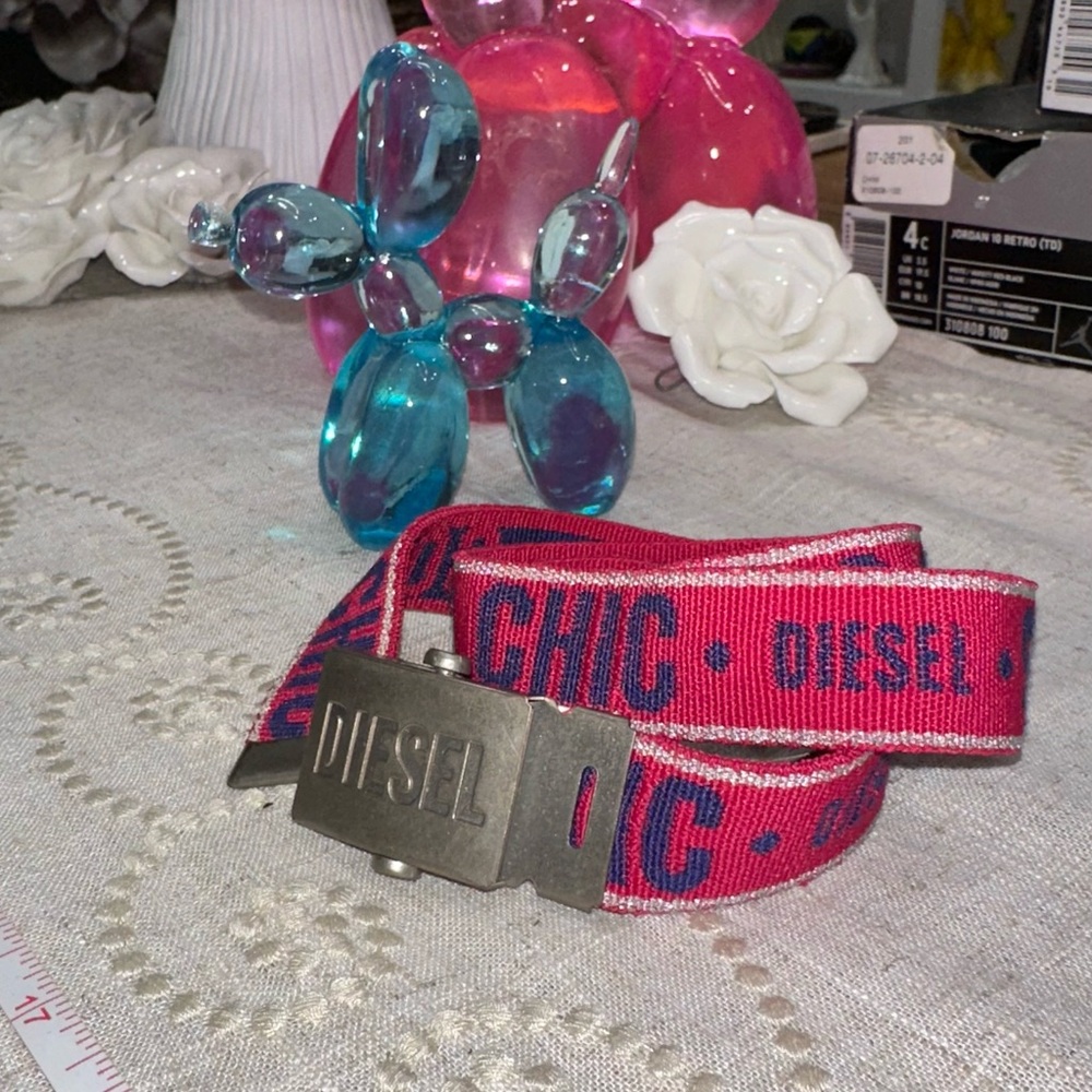 Kids Diesel canvas belt with a logo-engraved metal buckle.